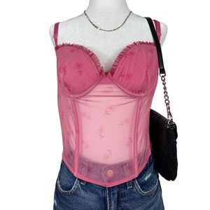 Jolie Intimates Corset Top Women 36B Pink Floral Mesh Sheer Bustier Y2K Coquette
